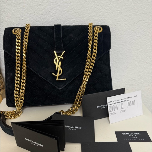 Saint Laurent Black Medium Envelope in Suede with Gold Chain - Picture 1 of 17